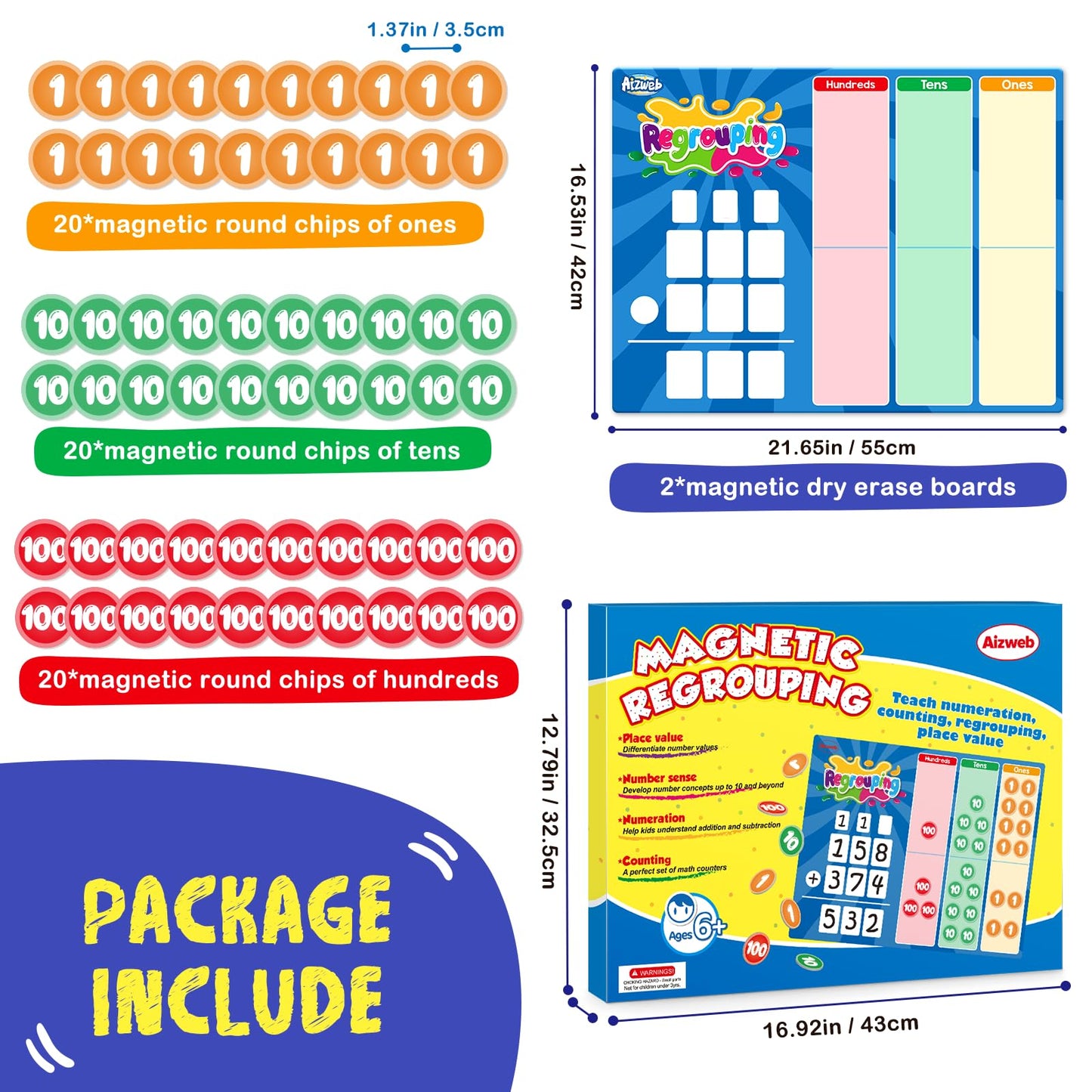 Aizweb Magnetic Regrouping Base Ten Place Value Chart,Addition and Subtraction Math Manipulatives,Dry Erase Board for 1st 2nd 3rd Grade Classroom Must Haves,Hands On Regrouping Math Games for Kids