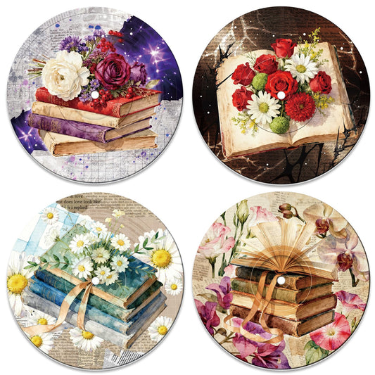 DOODLREAM 4PCS Vintage Books Vinyl Record Wall Decor 12" Hippy Book Flower Wall Art Posters for Room Aesthetic, Retro Record Decor for Music Party Studio Living Room DIY Craft Project