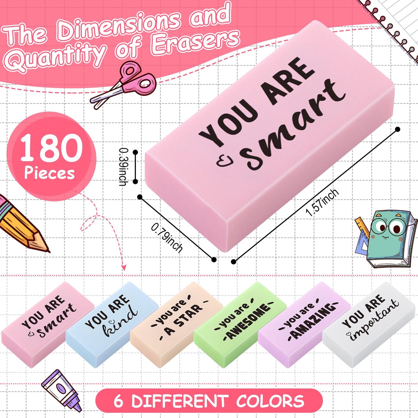 Resurhang 180 Pcs Erasers Bulk for Kids Inspirational Pencil Erasers Bulk for Drawing Motivational Big Eraser School Supplies for Classrooms Back to School Office (Motivational,Macaron)