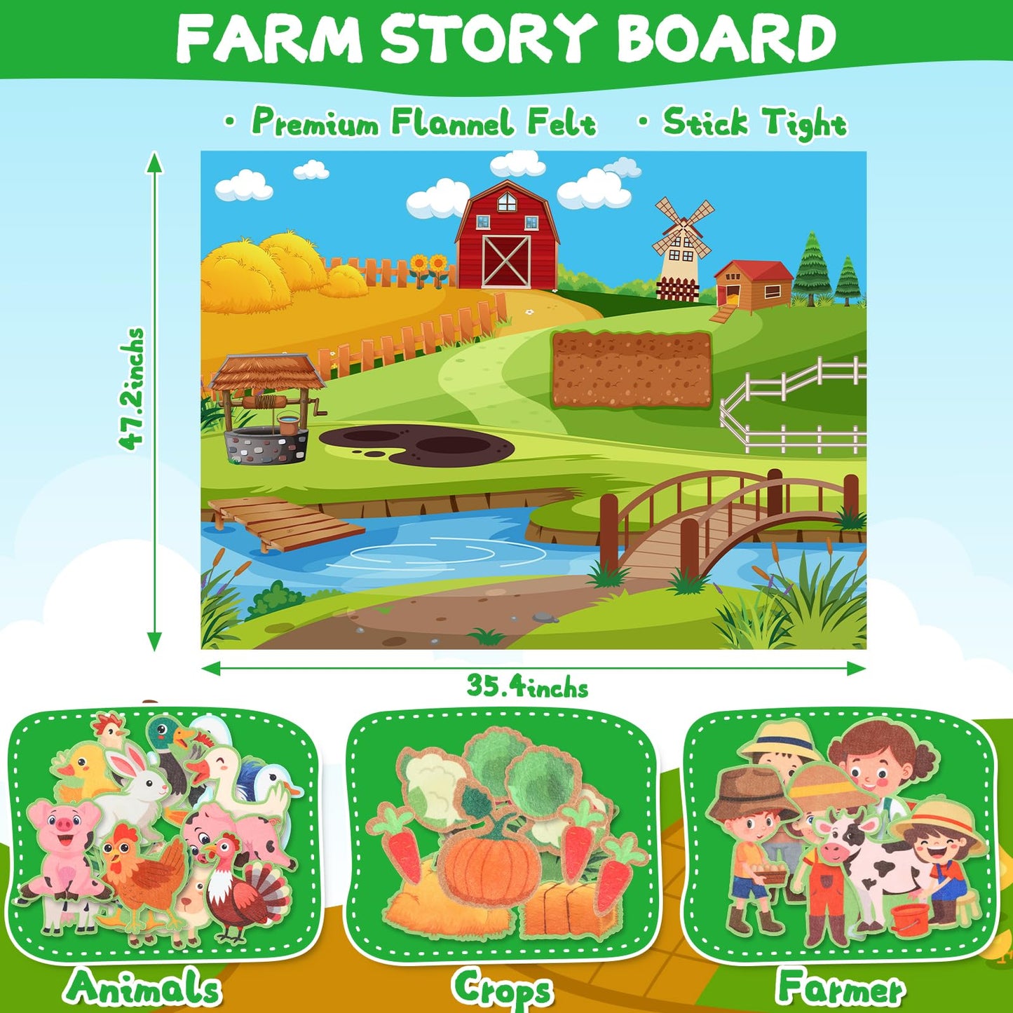Foilswirl Farm Animals Felt Story Board Set 48pcs 47× 35 Inch Interactive Montessori Birthday Gift Board for Toddlers Storytelling Flannel Early Learning Hanging for Kids Children