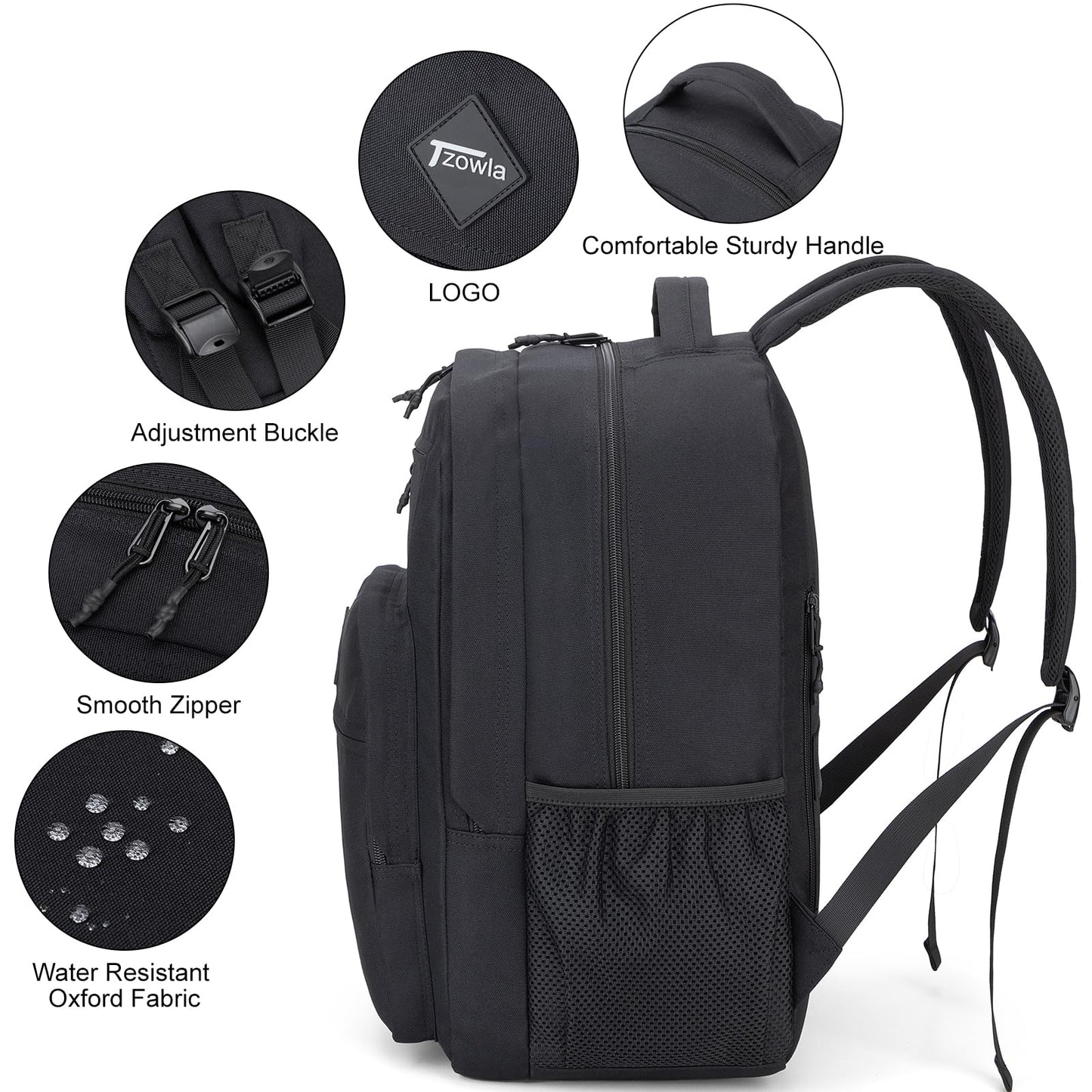Tzowla School Backpack for Teen Girs and Boys,15.6 Inch Laptop Bookbag for 14-18 Teenage,Lightweight Students Backpacks for College/Campus/High Shool,Water Resistant Casual Daypack(Black)