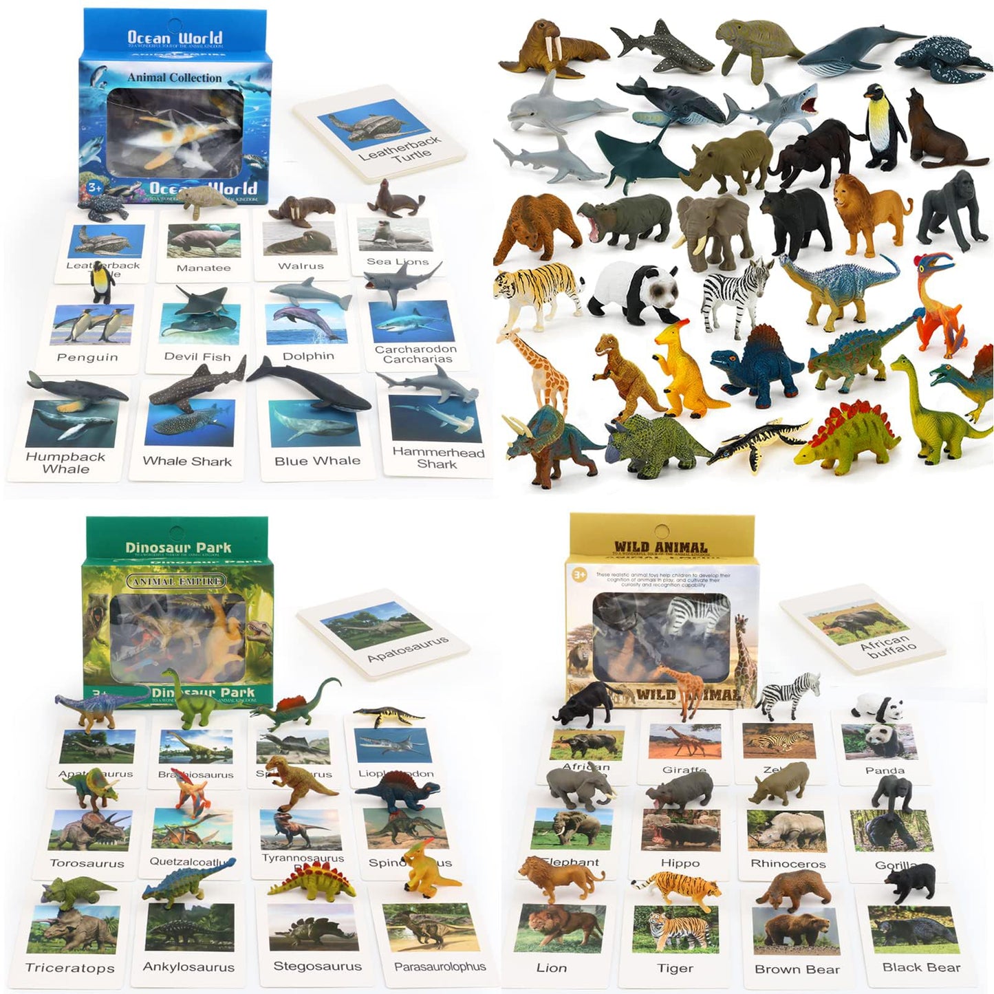 36 Animal Figurines - Educational Toys with Matching Flash Cards for Kids (Dinosaur, Zoo & Sea Animals)