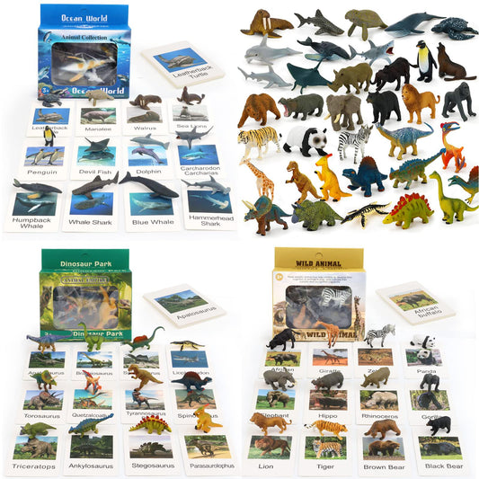 36 Animal Figurines - Educational Toys with Matching Flash Cards for Kids (Dinosaur, Zoo & Sea Animals)