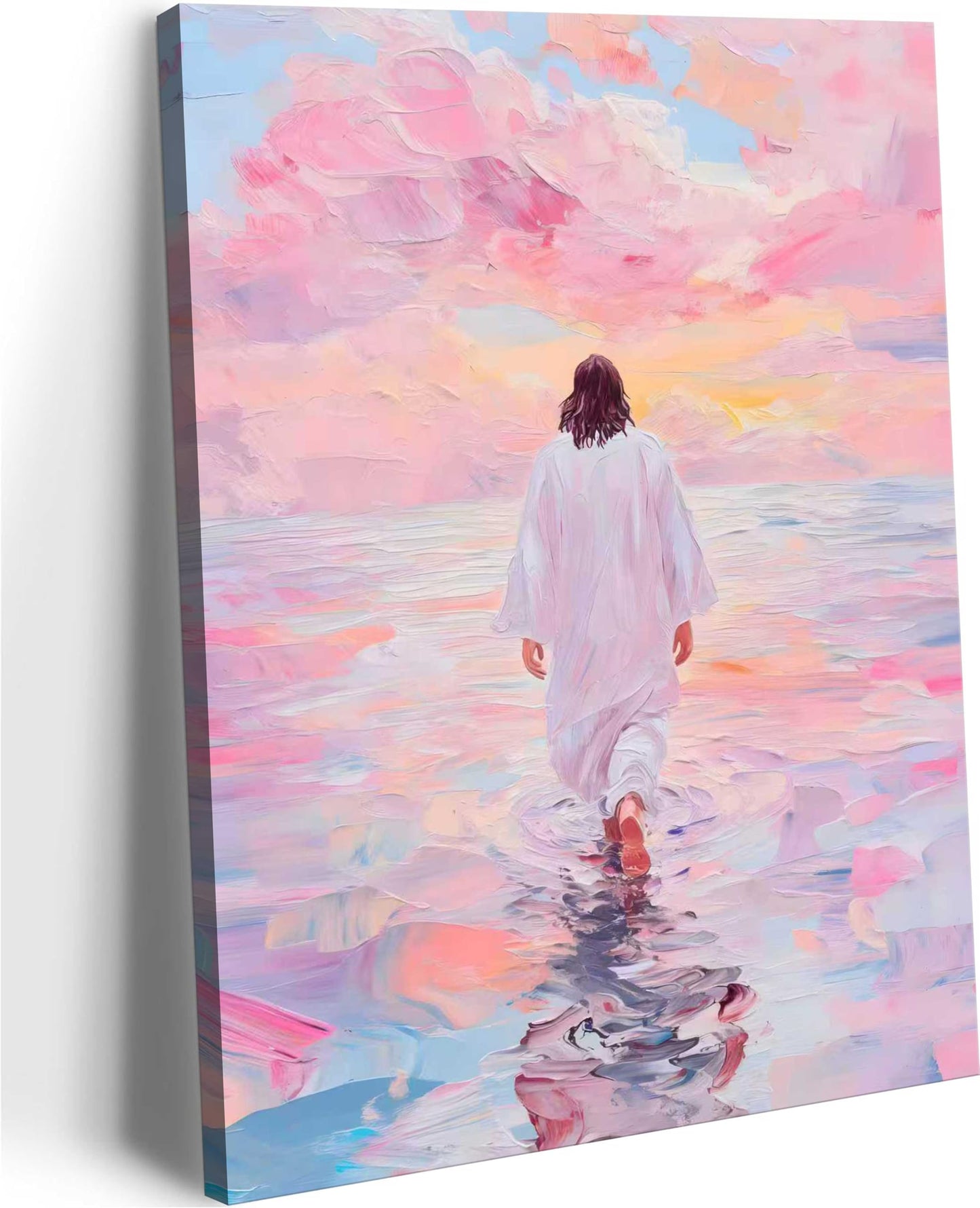 Pink Jesus Walking On Water Canvas Wall Art Christian Bible Stories Poster Painting Religious Christian Pictures Wall Decor Religious Savior Prints for Living Prayer Church Bedroom Framed