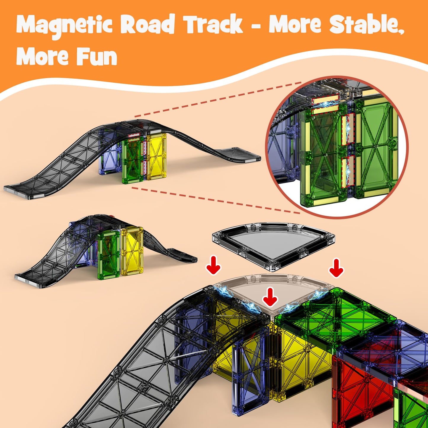 MEIQ Magnetic Downhill Racer Set 40-Piece with Car & Tracks, STEM Magnetic Tiles Building Toys for Kids Ages 3-8, Montessori Learning Toys with Reinforced Slopes & Loop Pieces