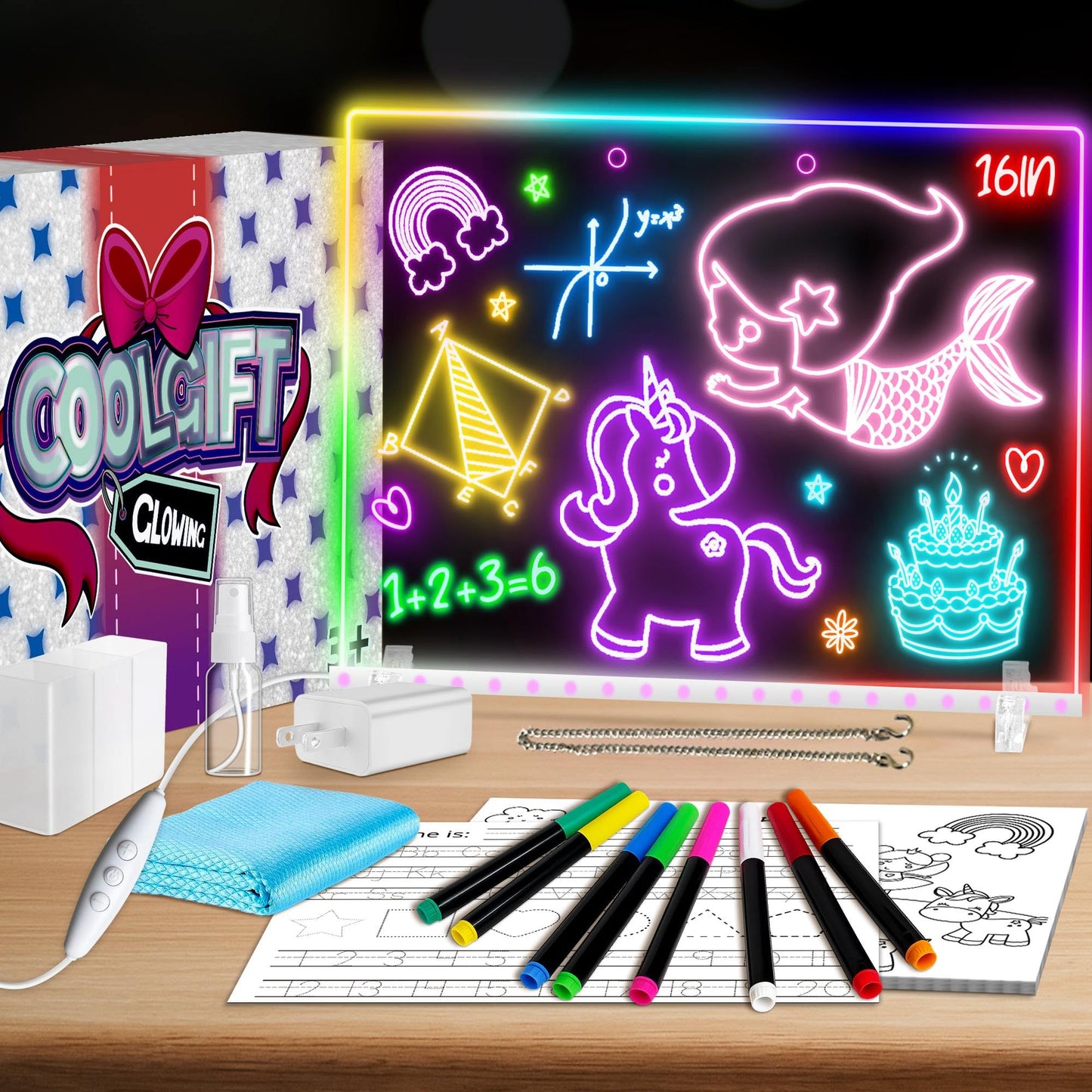 XoBathti 16" LED Drawing Board for Kids - Light Up LED Note Board with Colors & 18 Tracing Stencils, Birthday Gifts for Girls Ages 5-12, Glow Doodle Pad Art Set, 39PCS