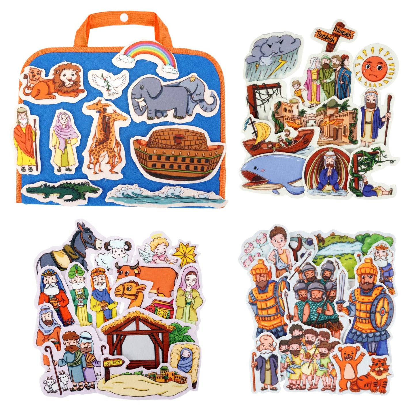 CHEFAN 4 Pack Felt Board Bible Stories Set, Flannel Board Stories Include Noah's Ark, Jonah and The Whale, David and Goliath, The Nativity of Jesus, 50 pcs Precut Flannel Graph Bible Toys for Kids
