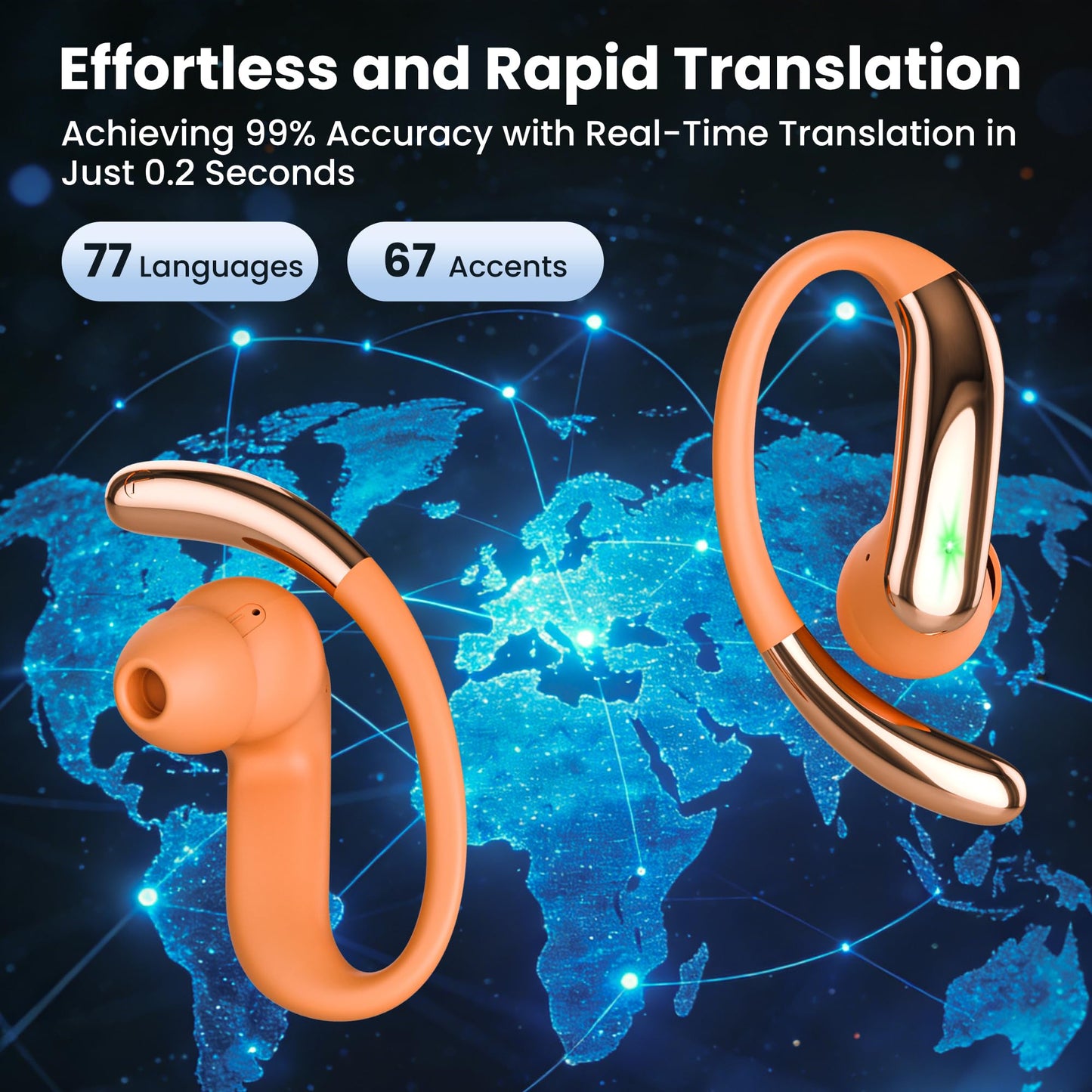 AI Translation Earbuds Real Time 4-in-1 translation headphones 50H Playtime Translating Device Audifonos Traductores Inglés Español Bluetooth 6.0 Headphones for Face-to-Face & Travel Business Orange