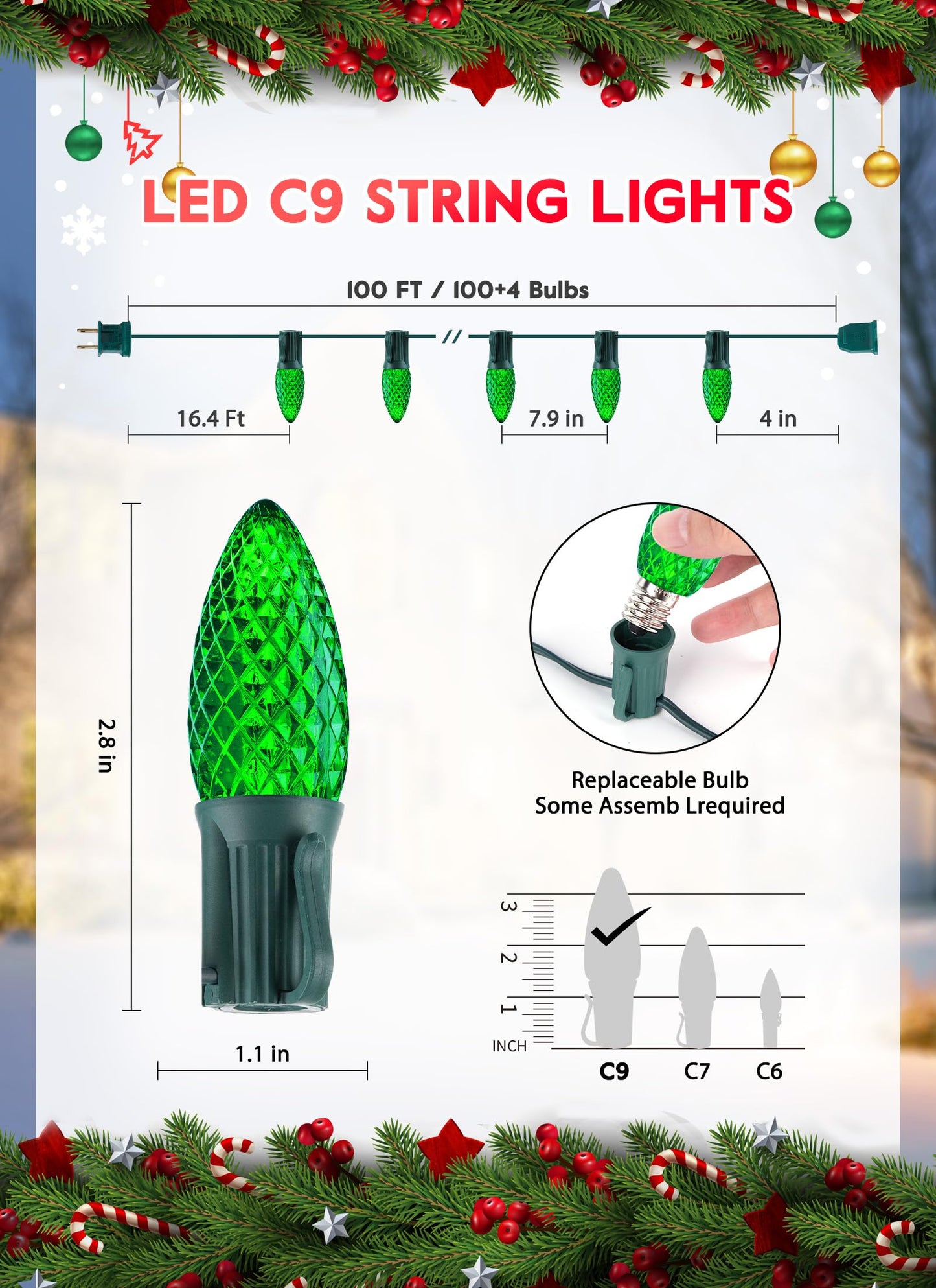 Minetom C9 Christmas String Lights, 100 Ft Green, 100 LED Bulbs, Connectable, UL Certified, Indoor/Outdoor Holiday Decor