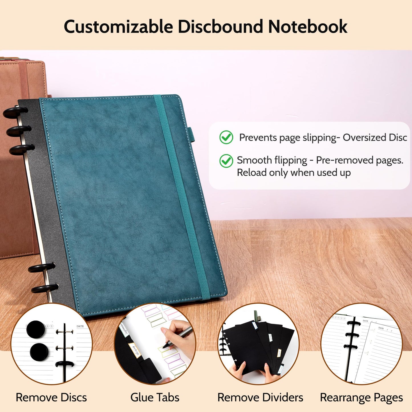 Yoment Refillable Notebooks for Work 5 Subject with Removable Dividers Tabs 240 Pages Hardcover Leather Journals for Writing Large Discbound Planner Colleged Ruled Paper for Women Men 8.58 x 11,Blue