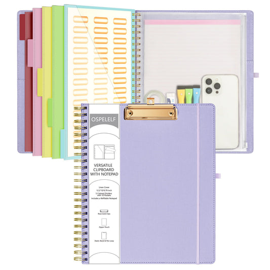 Ospelelf Foldable Spiral Clipboard Folio with Storage Zipper Pouch, 5 Plastic Folders with 10 Pockets, Refillable Lined Notepad (11" x 8.5"), Linen Hardcover Project Organizer (Light Purple)