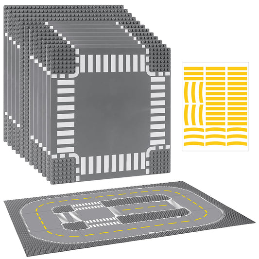 12 Pack Road Base Plates for Building, Compatible with Lego Classic Bricks, 10” x 10” Baseplates Fits for Lego Roads, Road Base Plates for City Sets (Attached DIY Stickers)