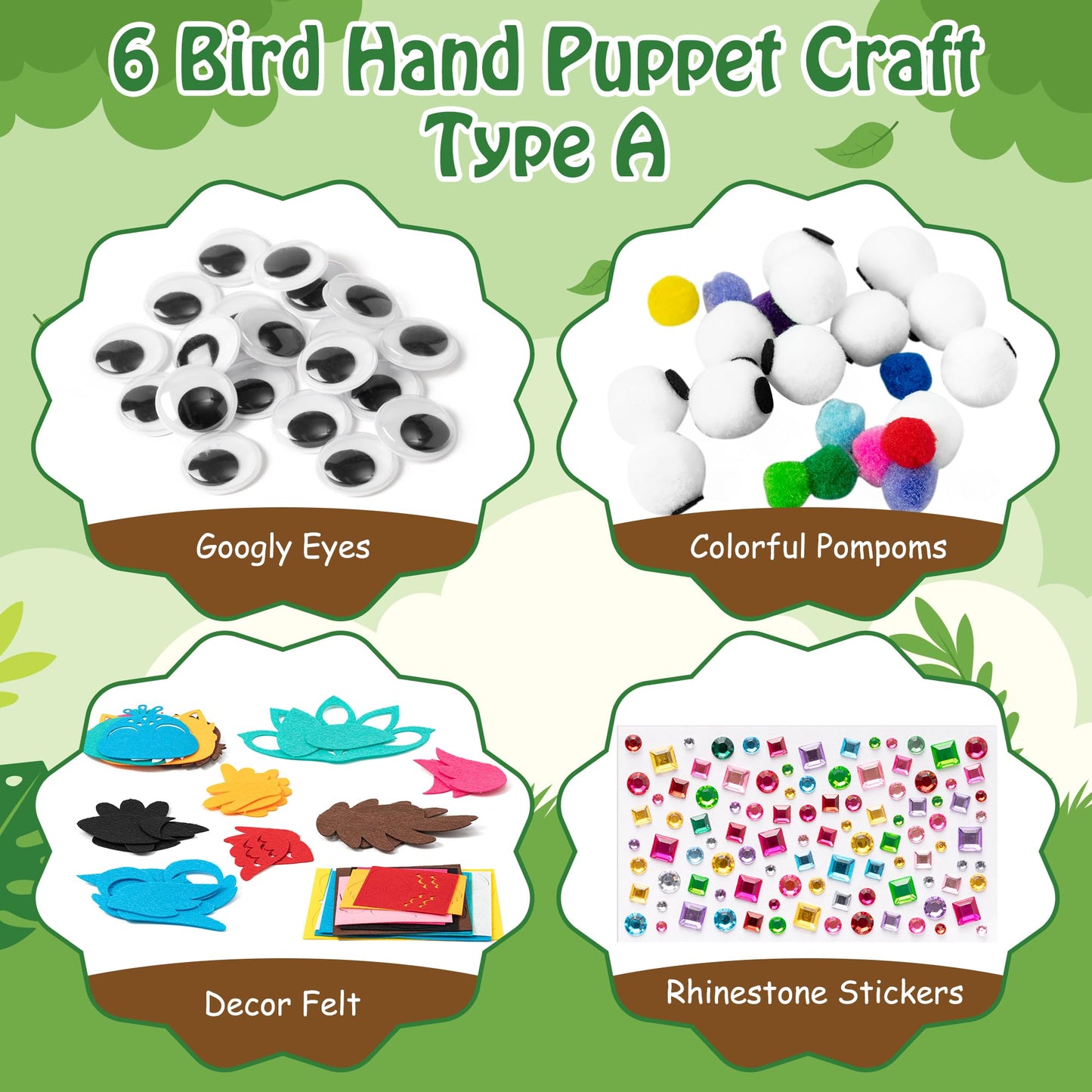WATINC 6Pcs Hand Puppet Making Kit, Art Craft Felt Sock Puppet Toys, Creative DIY Make Your Own Pompoms Wiggle Googly Eyes Storytelling Role Play Party Supplies Gift for Girls Boys (Bird A)