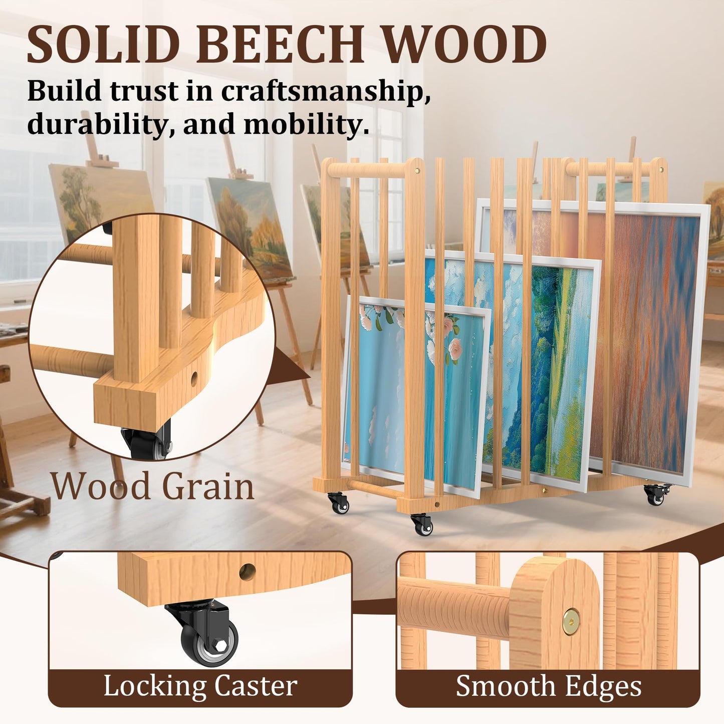 BERPET Wood Art Drying Rack, Canvas Storage Rack with Handle and Caster Wheels for Drawing Board, Panel, Paper Pad and Art Studios, Artworks, Gallery