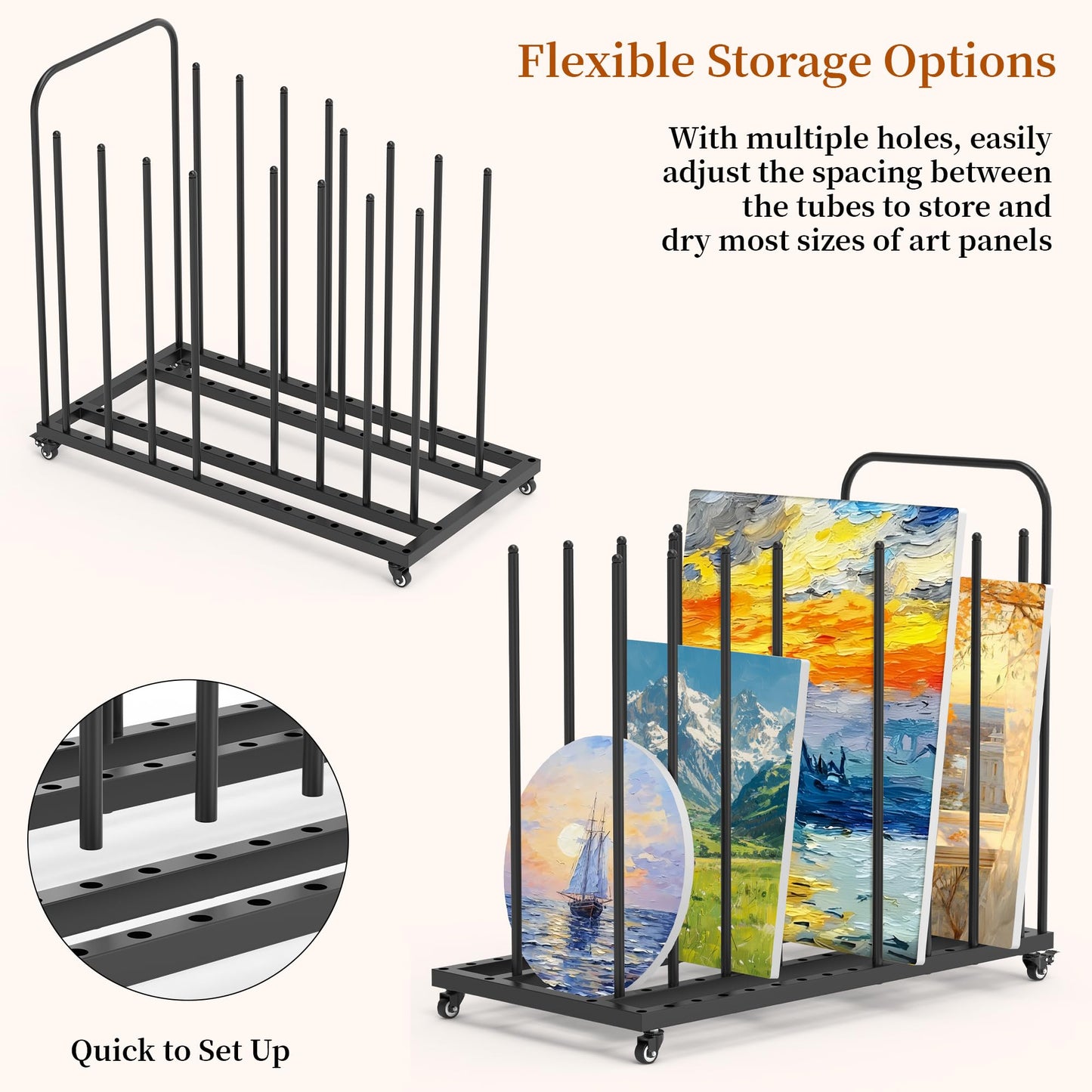 Tredre Art Storage Rack with Locking Wheels, Adjustable Metal Art Drying Painting Rack, Large Canvas Storage Display Stand for Drawing Boards, Panel, Crafts, Art Studio, Classroom and Gallery