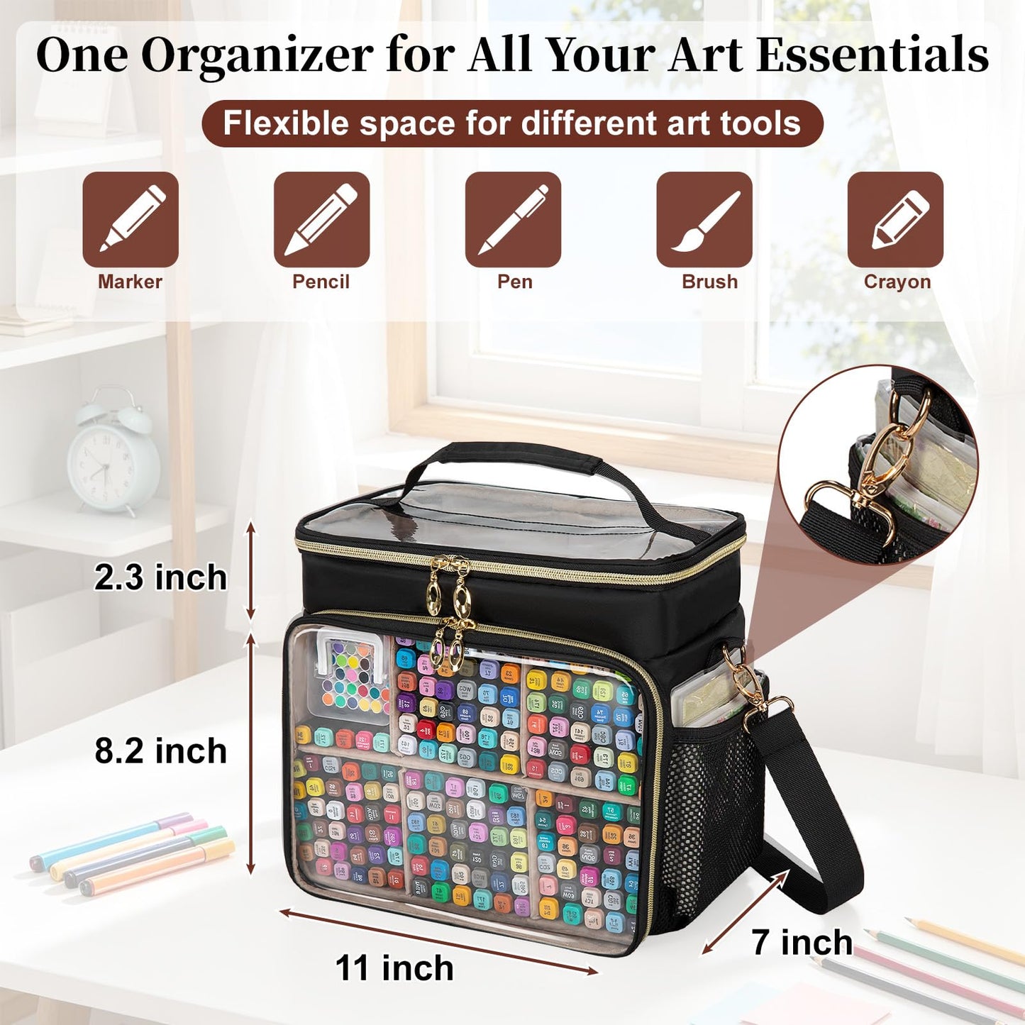 Wigojoy Large Marker Organizer Case for 200-300 Markers, Double-Layer Marker Bag with Removable Dividers, Marker Organizer for Markers, Pencils, Crayons or Other Art Supplies, Black (Bag Only)