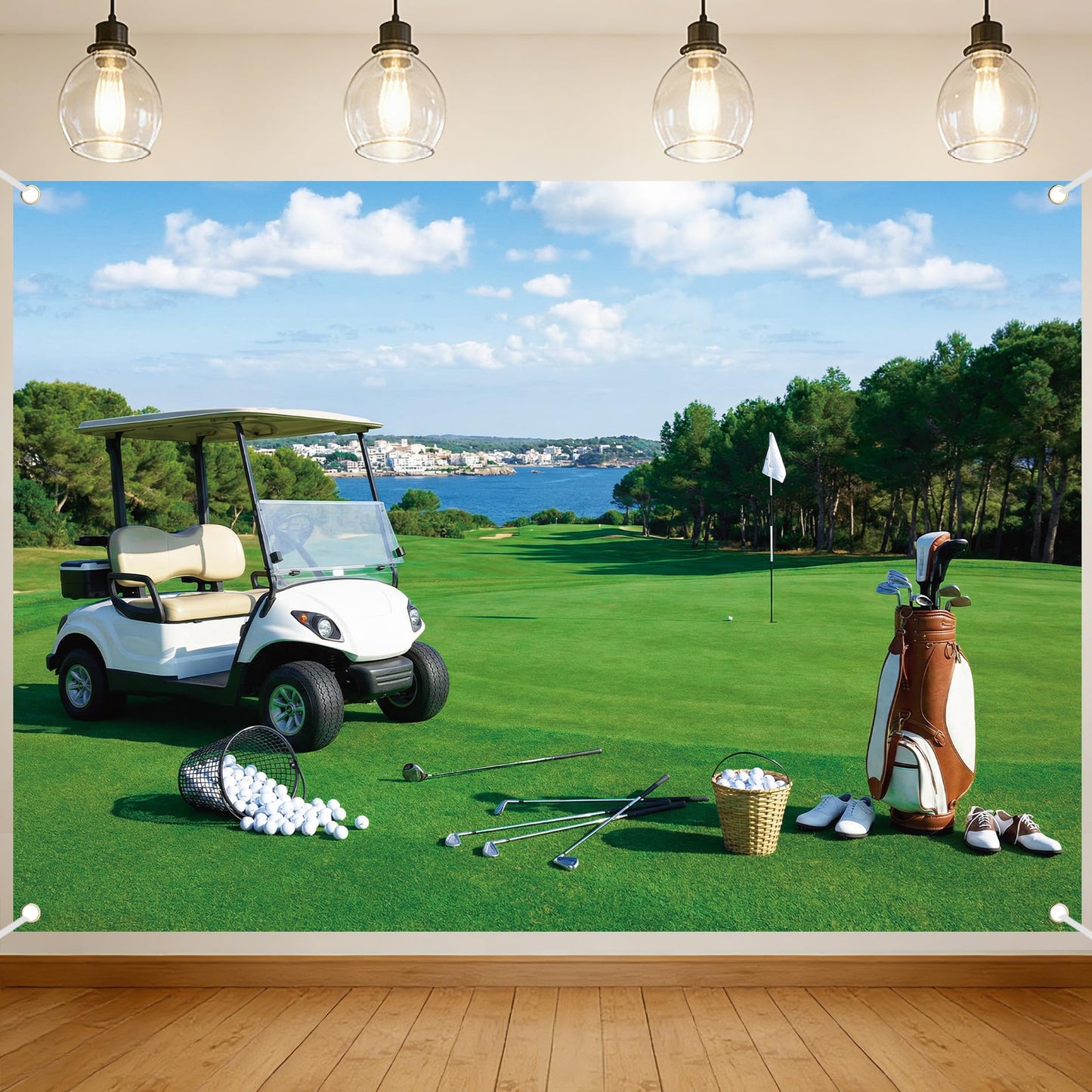 Golf Course Backdrop for Photography - 7x5 ft Golf Sport Holiday Vacation Retirement Backdrop Photo Props Green Grass Blue Sky Lawn Flag Lake Outdoor Sports Backgrounds