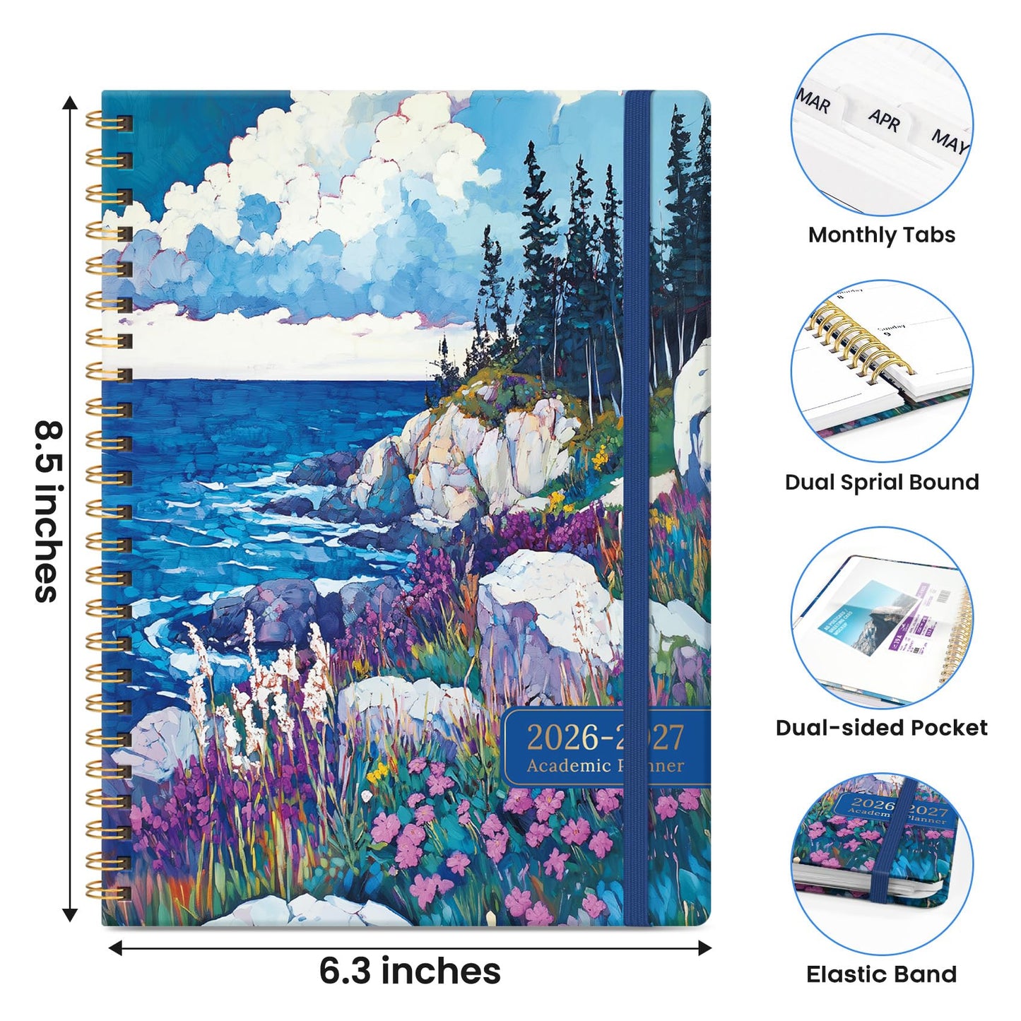Academic Planner 2026-2027, Monthly and Weekly Calendar Planner, July 2026 - June 2027, Pretty Hardcover Teacher Student Planning Agenda Book with Tabs, Fit for School Office Supplies, 6.3" x 8.5", Coastal Wilds