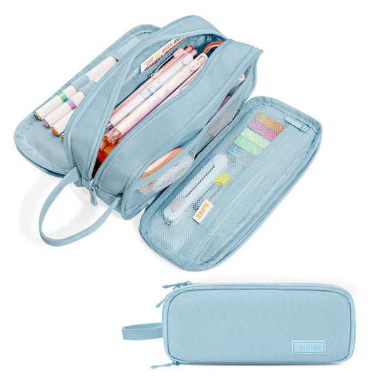 SUNEE Large Capacity Pencil Case with 3 Compartment, Extra Big Pencil Pouch, Pencil Bag with Zipper, Cute High Stationery Organizer, Oxford Pen Box School Supplies for Student Teen Girls Boys, Blue