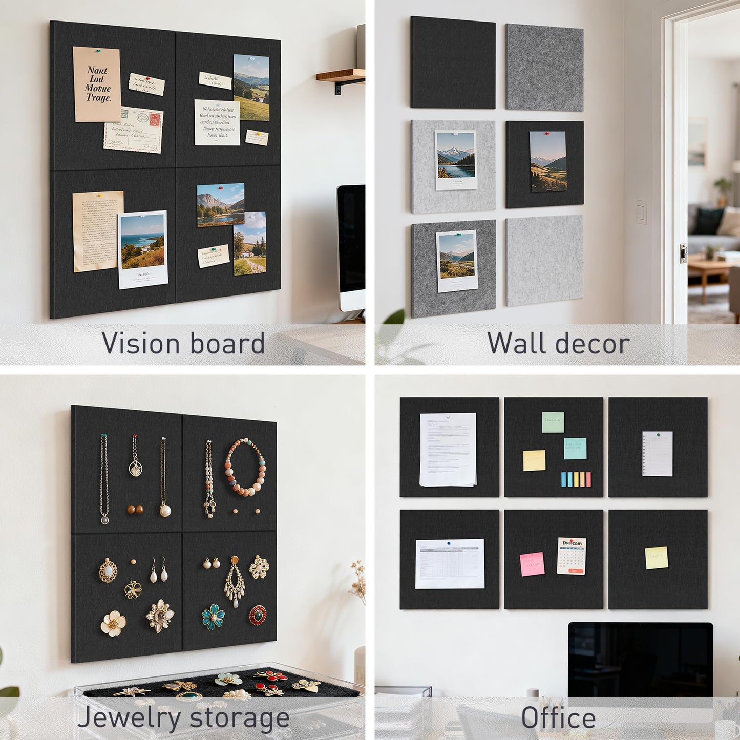 QUEENLINK 6-Pack Felt Bulletin Board Tiles 12"x12", Self-Adhesive Pin Board Wall Panels with 60 Push Pins, Modular Vision Board & Wall Organizer for Home Office Classroom, Black