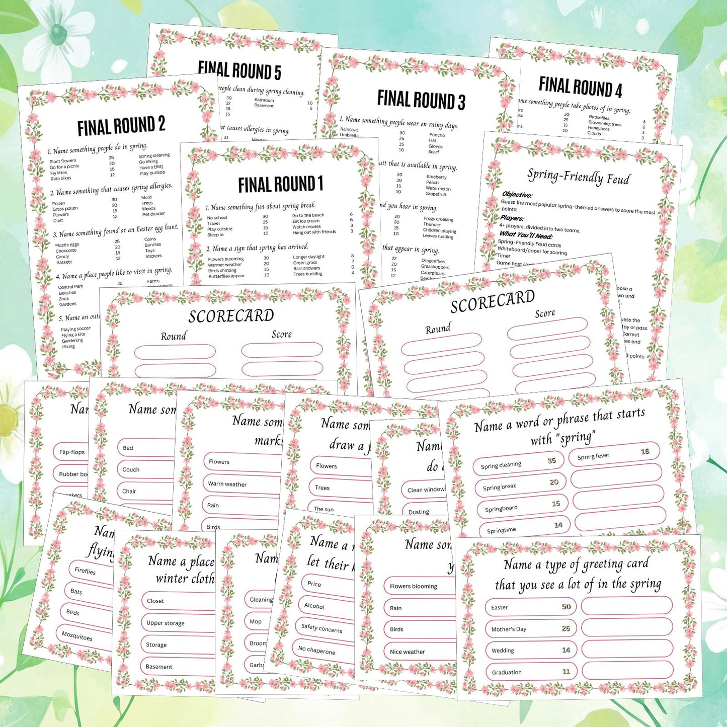 Humyoun Spring Friendly Feud Game with 2 Answer Buzzers, Floral Feud Cards for Family Game Night Fun Trivia Quiz for Party Office Class Groups Team Building