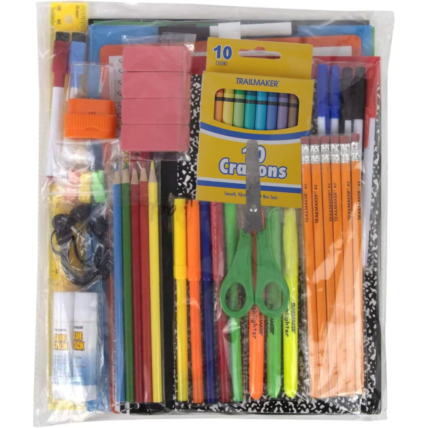 Trail maker Back to School Supplies 60 Piece Bundle Kit for Girls, Boys, Kids, Back to School Supply Box Set Includes Notebooks, Folders, Composition Book, Headphones, Ruler, and More