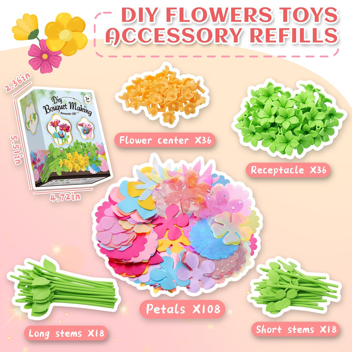 Kufanda DIY Fabric Flower Bouquets Toys Accessories Can Make 36 Flowers, DIY Arts & Crafts Toy Parts Christmas Gifts for Kids
