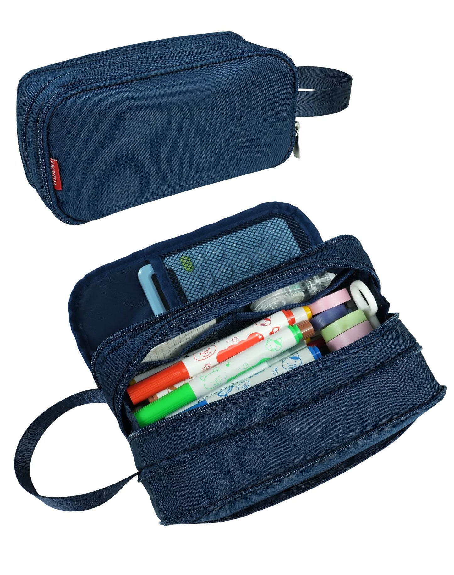 Fmeida Pencil Case Pouch Expandable - Extra Large Pencil Pouch Aesthetic Pencil Bag Office Stationery Organizer with Handle for Adult Men Women - Navy Blue