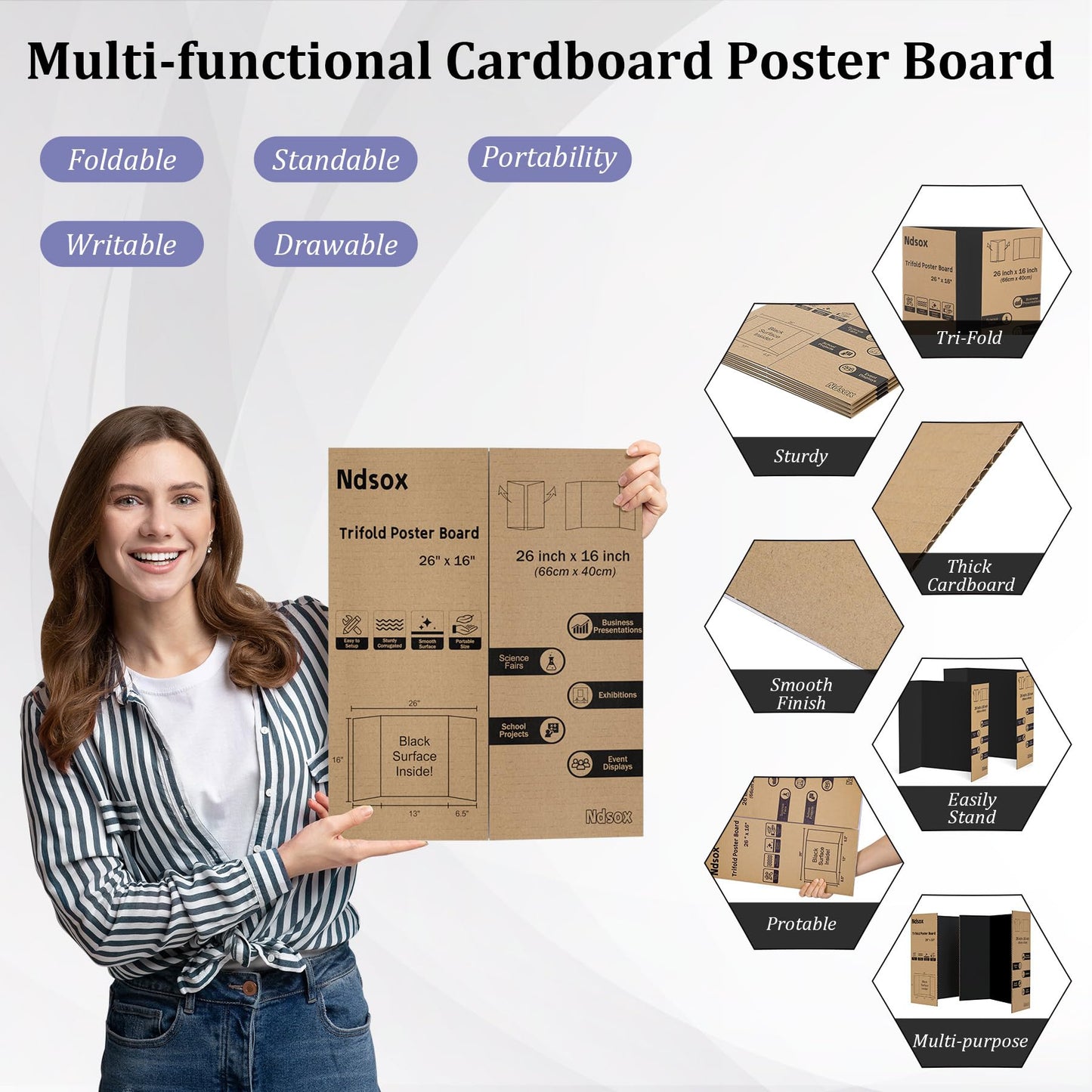 Ndsox 4 Pack 26" x 16" Black Trifold Poster Board Small Size Corrugated Cardboard Science Fair Display Boards for School Projects, Business Presentations, Event Displays, and Art Exhibitions