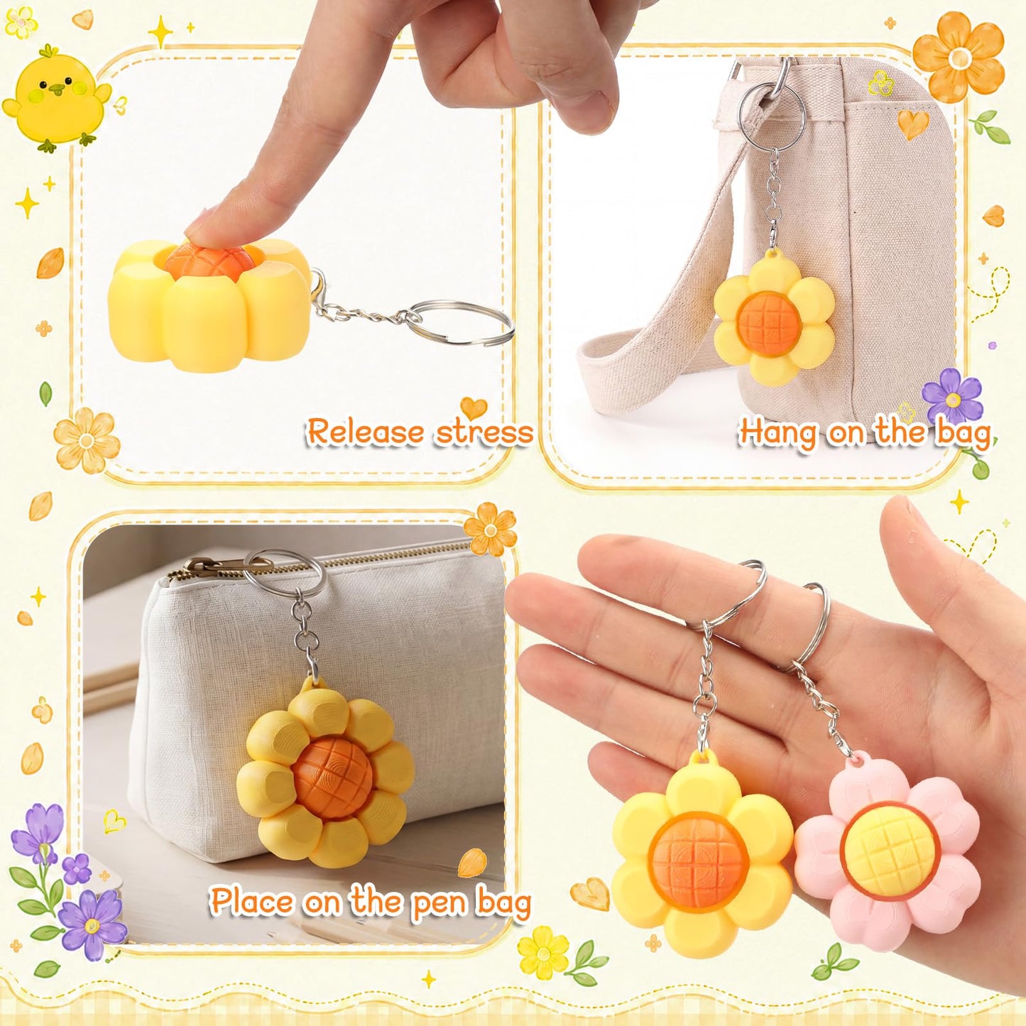Kenning 24 Pcs Flower Clicker Fidget Keychain Bulk 3D Printed Daisy Sensory Fidget Toys for Adults Stress Relief Flower Keychains for Teacher Appreciation Gifts Birthday Party Favors Coworker Gifts