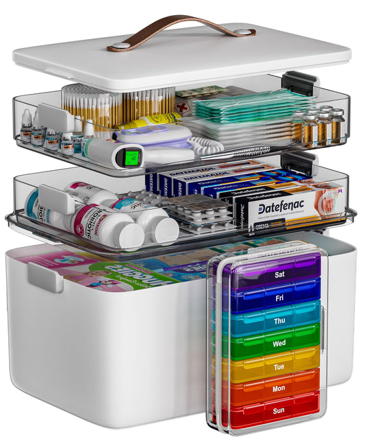 CTIME 3-Tier Medicine Organizer with Pill Case - Portable Pill Case & Empty First Aid Kit for Home, Travel, RV, School, Dorm, Ideal Elderly, Father Gift
