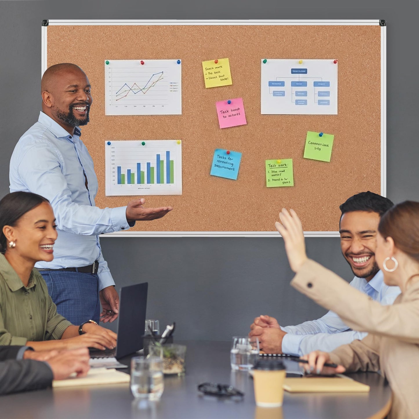 Board2by Large Cork Bulletin Board 60" X 36", Silver Aluminum Framed Corkboard for Wall, Wall Mounted Notice Pin Board with Push Pins for School, Home & Office - 5' x3' Corkboard