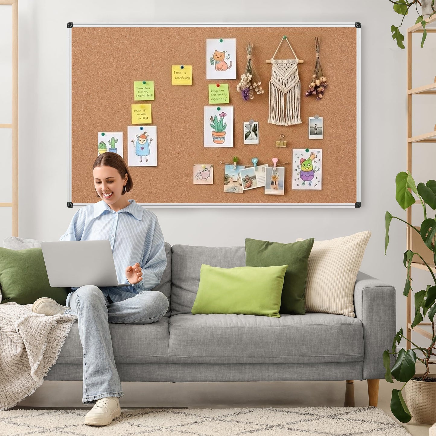 Board2by Large Cork Bulletin Board 60" X 36", Silver Aluminum Framed Corkboard for Wall, Wall Mounted Notice Pin Board with Push Pins for School, Home & Office - 5' x3' Corkboard