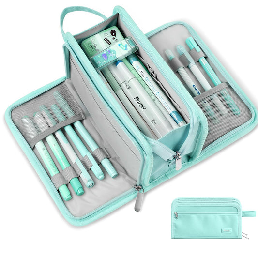 Sooez Large Pencil Case, Big Capacity Pencil Pouch Pen Bag with 3 Compartment, Portable Canvas Stationery Organizer with Zipper, Cute Aesthetic School Supplies for Teen Girls, Celadon