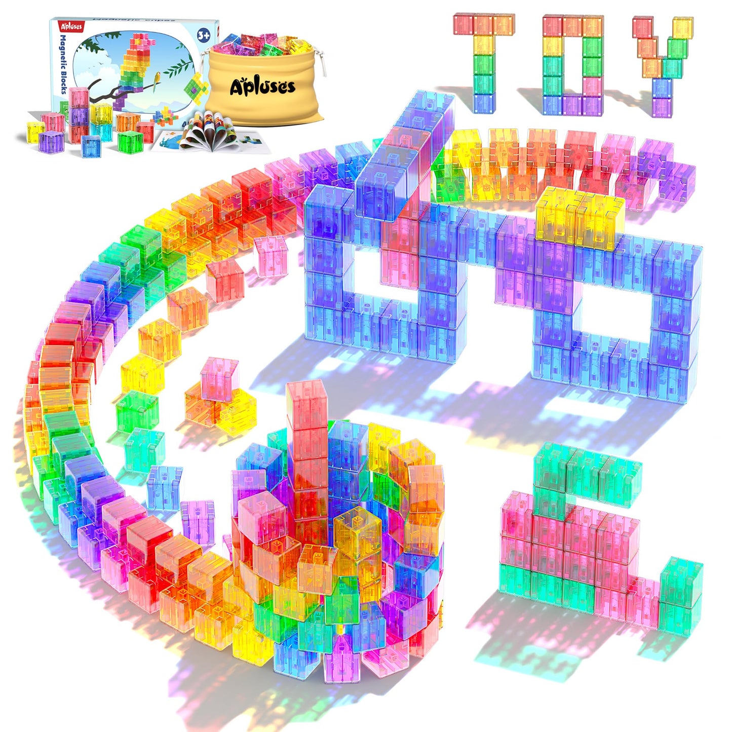 Apluses 45PCS Magnetic Blocks - Transparent Magnet Cubes, Toddler Building Blocks, Sensory Autism Gifts for Kids Ages 3+, Preschool Travel Toys for 3-5 Year Old Boys and Girls
