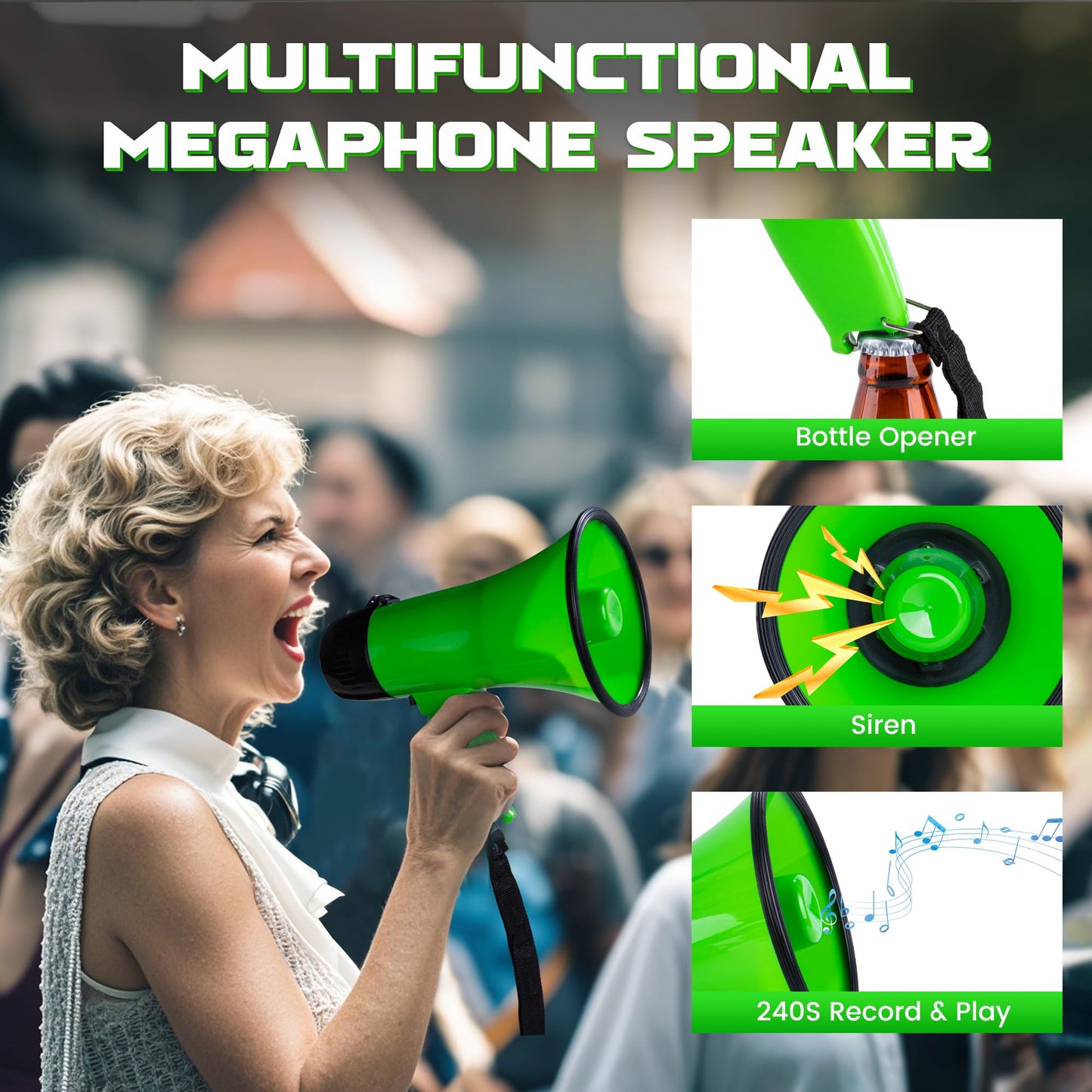 MyMealivos 20W Megaphone Bullhorn, Built in Siren & 240s Recording, 5.4"×8.6" Portable Megaphone with Volume Control Cover Up to 300 feet+ for Indoor and Outdoor Activities(Green)