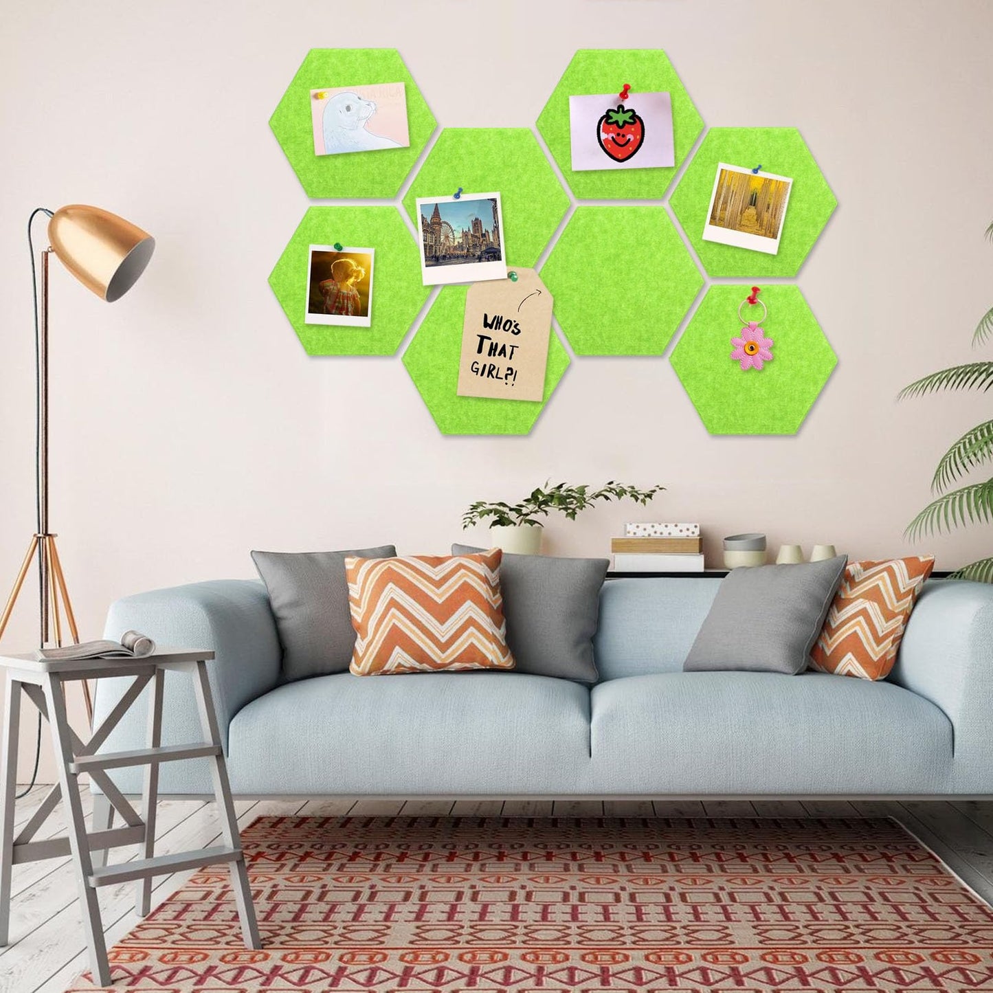 8 Packs Fluorescent Green Hexagon Felt Pin Board, 12" Bulletin Board with 30 Push Pins, Felt Board for Home Kitchen Office Decor, Self-Adhesive Corkboard Tiles for Walls Message Photos Memos Display