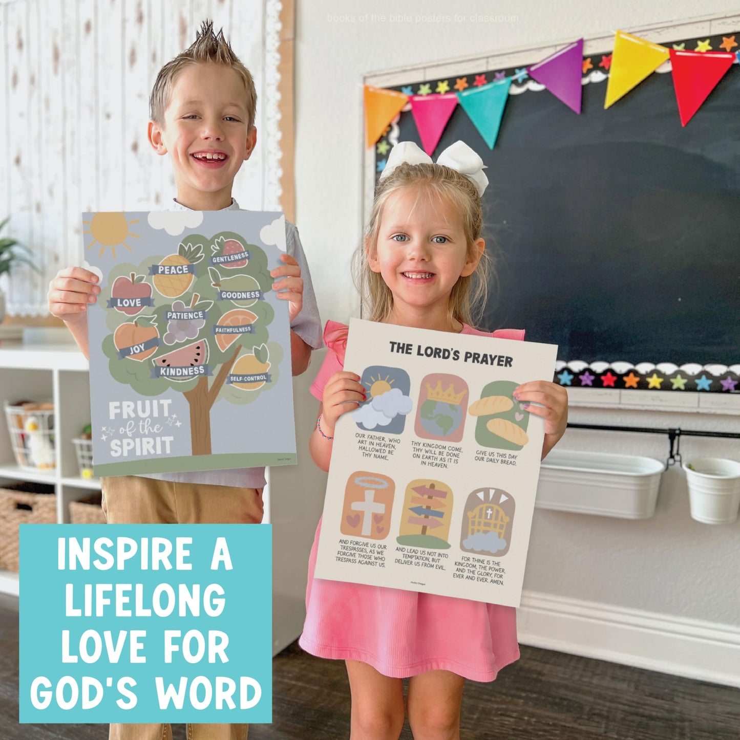 Hadley Designs Sunday School Decorations for Classroom –9 Bible Posters for Kids, Books of the Bible, 10 Commandments, Bible Timeline Chart, Fruits of the Spirit, Boho Christian Classroom Decor