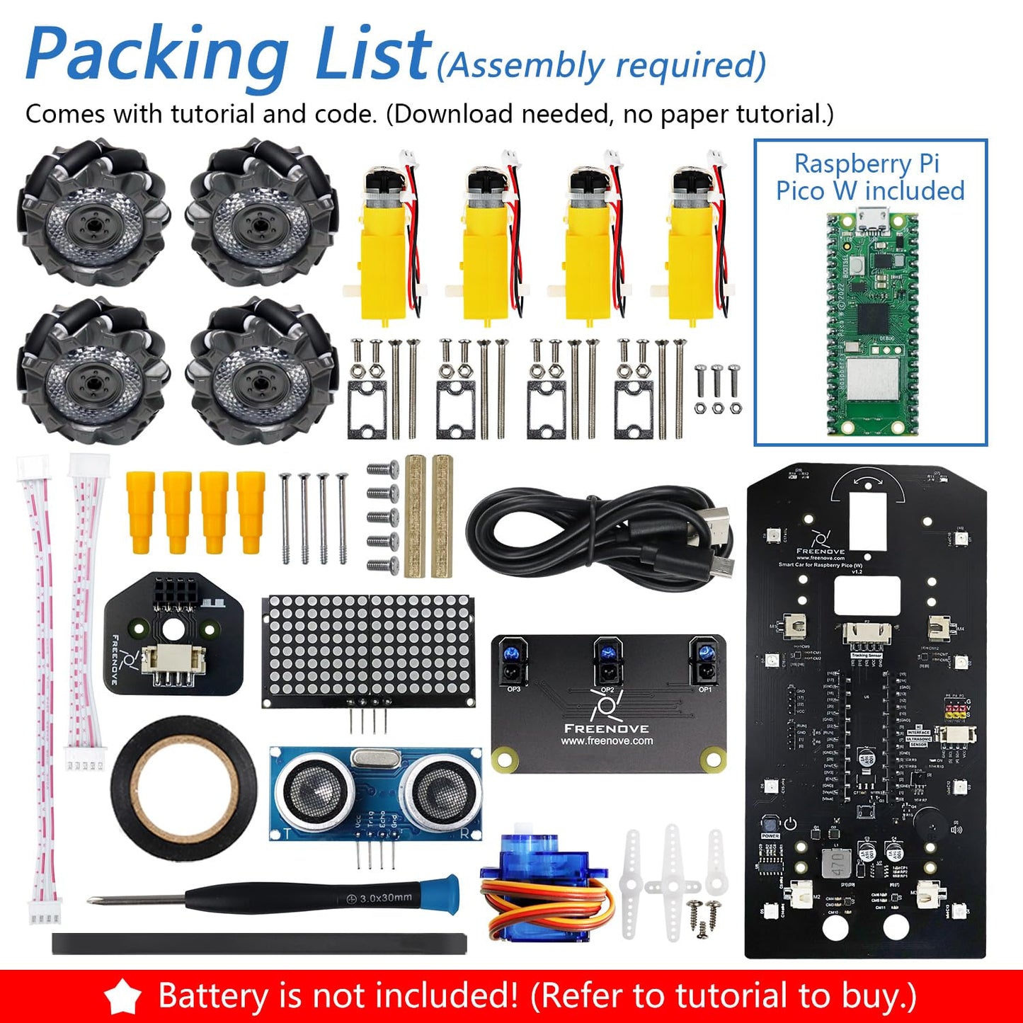 Freenove Mecanum Wheel Car Kit for Raspberry Pi Pico W (Included) (Compatible with Arduino IDE), Dot Matrix Expressions, Obstacle Avoidance, Line Tracking, Light Tracing, Colorful Light, App