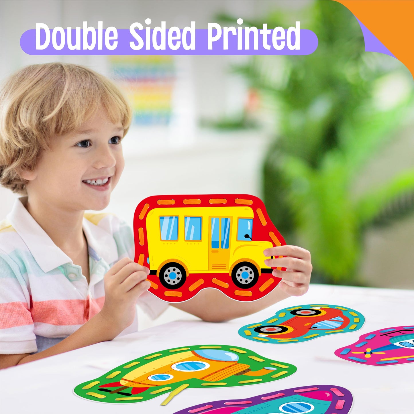 SpriteGru 9 Pieces Kids Lacing Cards, Double Sided Vehicle Sewing Cards with 9 Colorful Laces, Imagination Development Lacing Toys Games for Children Educational and Learning Activity