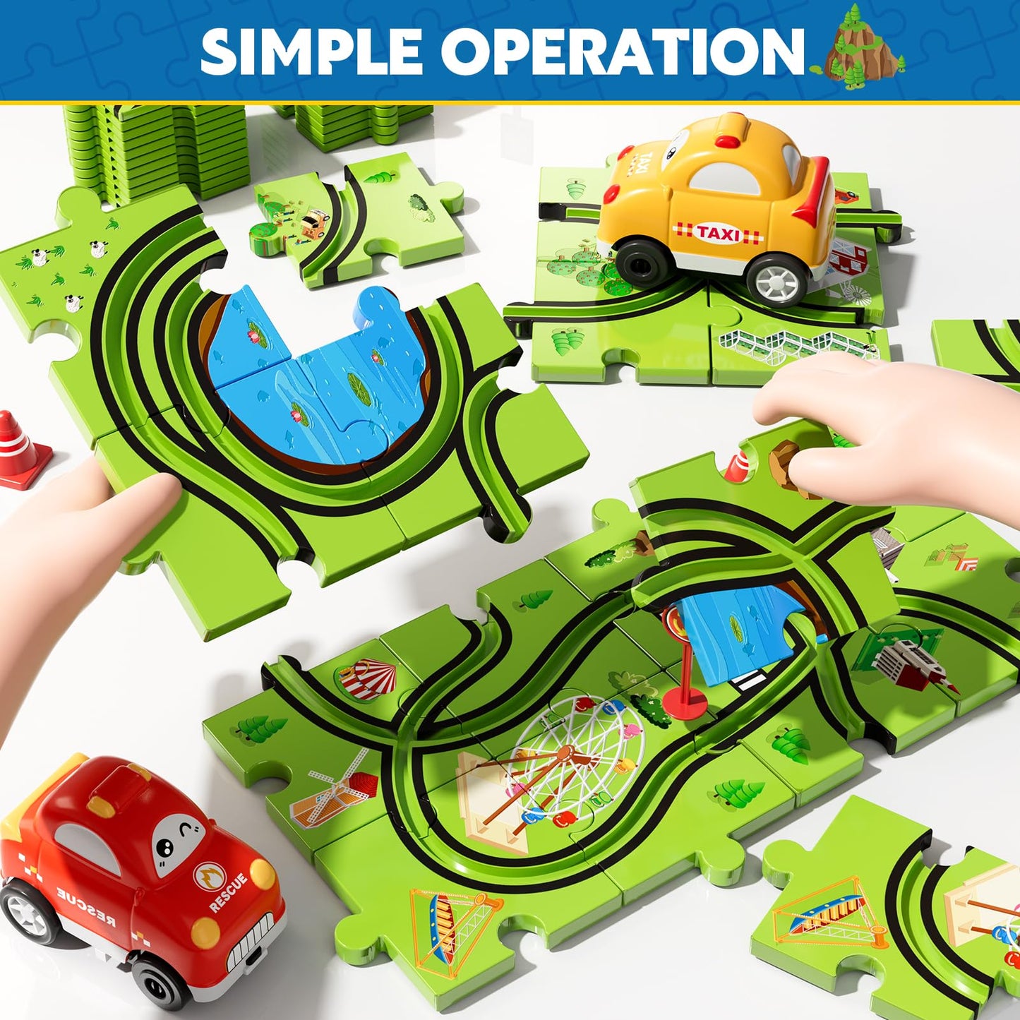 Beby Buty 64PCS Puzzle Track Car Set Toys for Kids Boys, Toddler Toys Gifts for 3 4 5 Year Old, Floor Puzzle Tracks Car for Boys Ages 3-5 4-6, for 3 4 5 6 Year Old