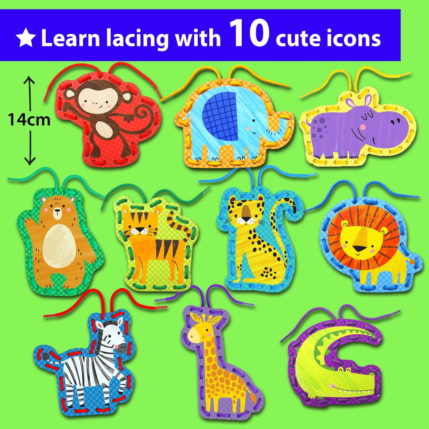 KRAFUN My First Lacing Cards Kit for Toddlers & Kids Age 3+, 10 Safari Animal Arts & Crafts Projects, Fine Motor Skills Toys with Lion Monkey Elephant Tiger Giraffe Hippo Zebra Bear