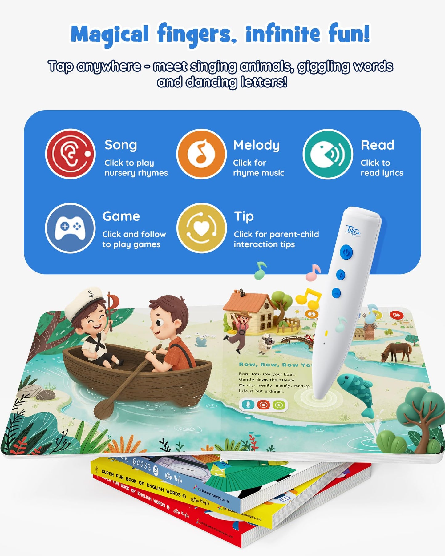 TEKFUN Musical Word Talking Pen Book Set, Interactive Audio Sound Books, Learning Education Toys, Early Educational Autism Therapy Birthdays for Toddlers Kids 1 2 3 4 5