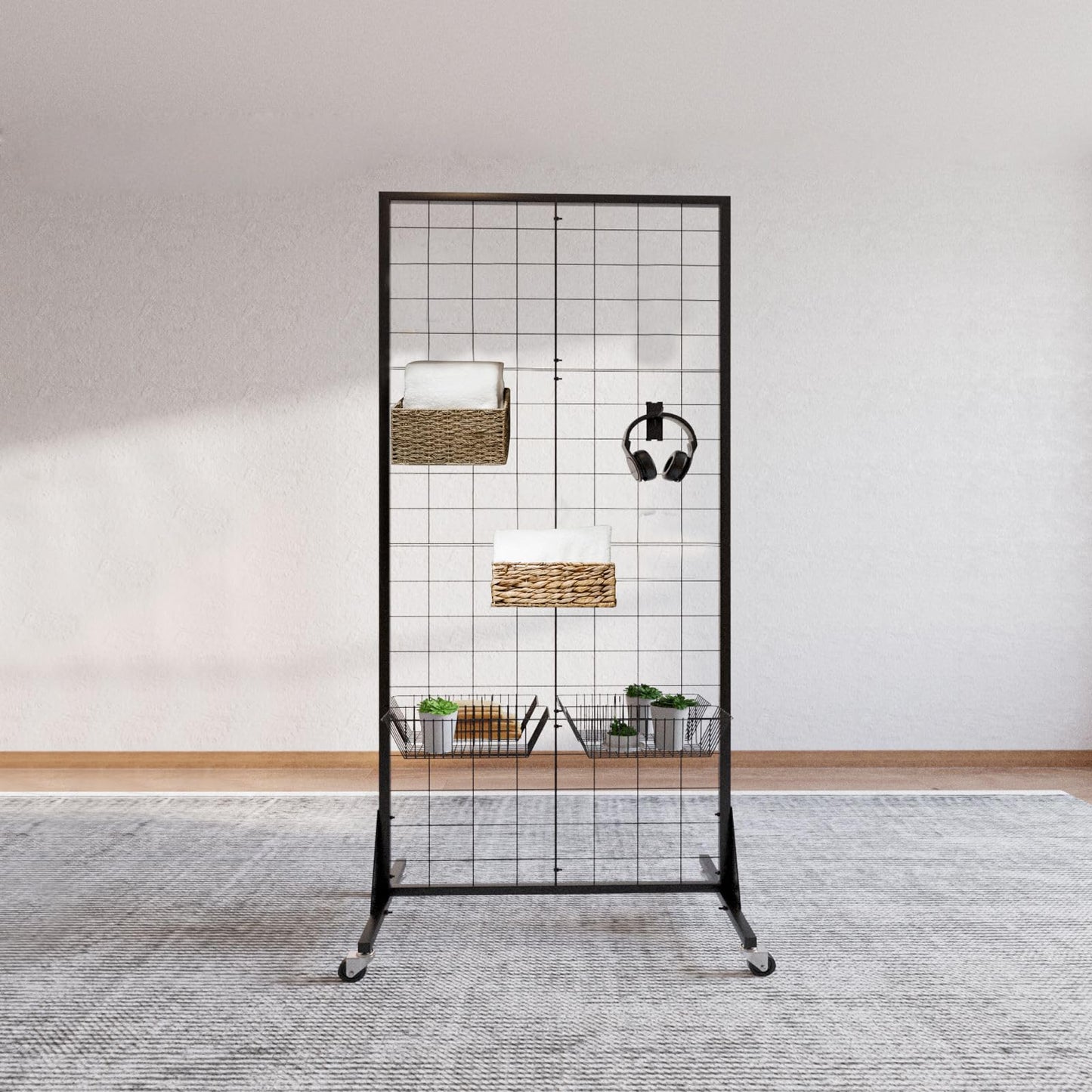QKOSMTL Gridwall Panel Display Stand, 2'x5.5' Heavy Duty Floor Standing Rack with Detachable Girdwall, Movable Silent Wheel, Easy to Transport, Ideal for Retail & Craft Fairs