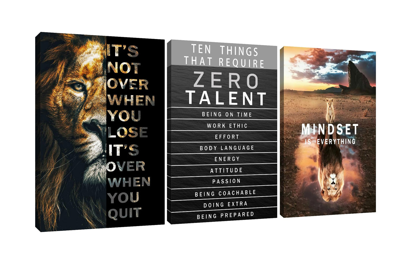 Lion Motivational Wall Decor Inspirational Quotes Wall Art Canvas Zero Talent Poster Print 3 Panel Animal Picture Artwork for Living Room Bedroom Office Home Decor Framed Ready to Hang [48''Wx 24''H]