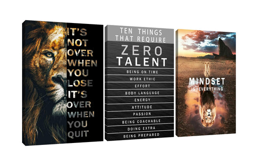Lion Motivational Wall Decor Inspirational Quotes Wall Art Canvas Zero Talent Poster Print 3 Panel Animal Picture Artwork for Living Room Bedroom Office Home Decor Framed Ready to Hang [48''Wx 24''H]