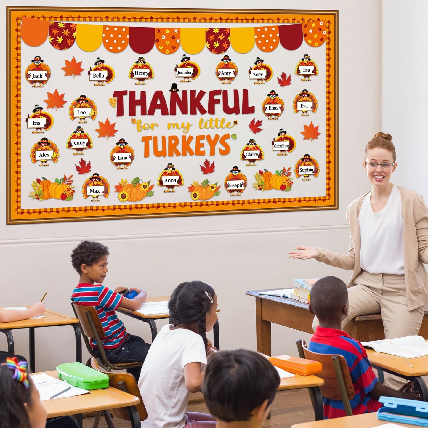 Thanksgiving Turkey Bulletin Board Set Thankful Classroom Decoration My Little Turkeys Paper Cutouts DIY Fall Crafts Bulletin Board Border for School Wall Autumn Decor Teacher Supplies
