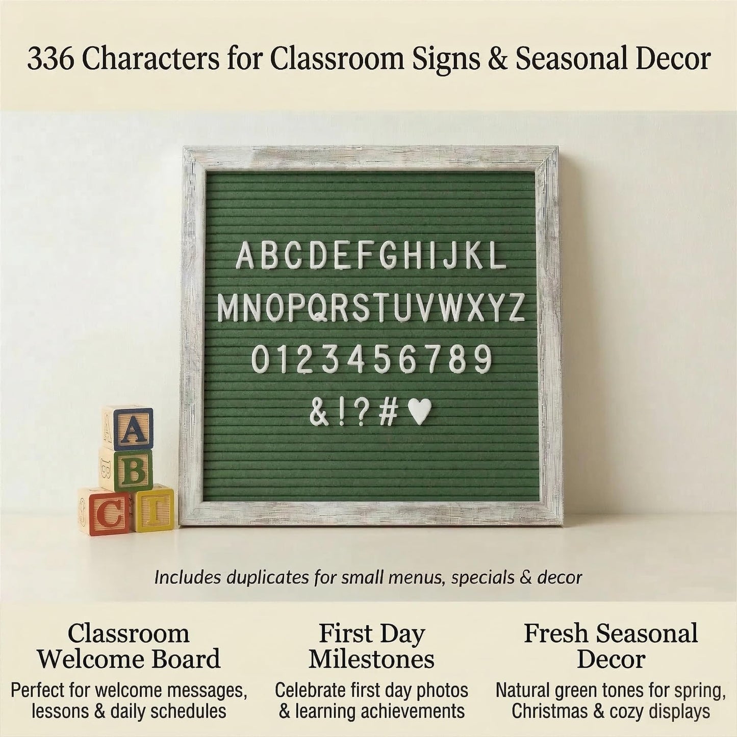 Rustic 10x10 Felt Message Sign with 336 Letters, Numbers & Symbols – Changeable Display for Classroom, Office or Home Decor – Green by Crystal Lemon