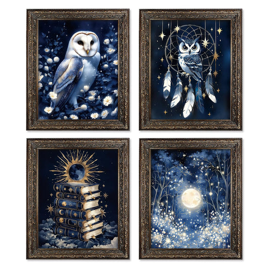 Locomiss Vintage Mystical Celestial Owl Book Moon Forest Wall Art Decor, Blue Dark Academia Astrology Witchy Prints Posters for Home Bedroom Reading Room Library Wall Decor, Set of 4, 8x10 Unframed