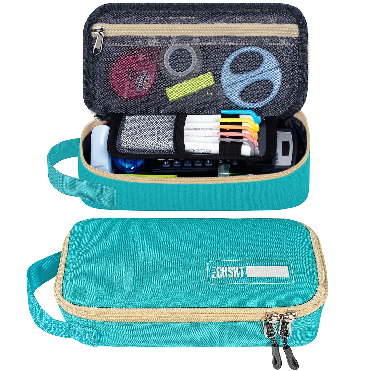 ECHSRT Large Pencil Case, Aesthetic Pen Pouch with Big Capacity, Minimalist Portable Stationery Bag with Handle for Office Organizer Teal Pencil Cases